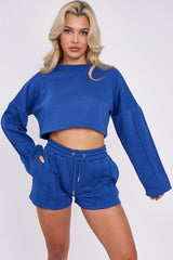 3 Seam Detail Round Neck Crop Top and Short Tracksuit Set CICAY