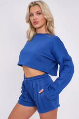 3 Seam Detail Round Neck Crop Top and Short Tracksuit Set CICAY