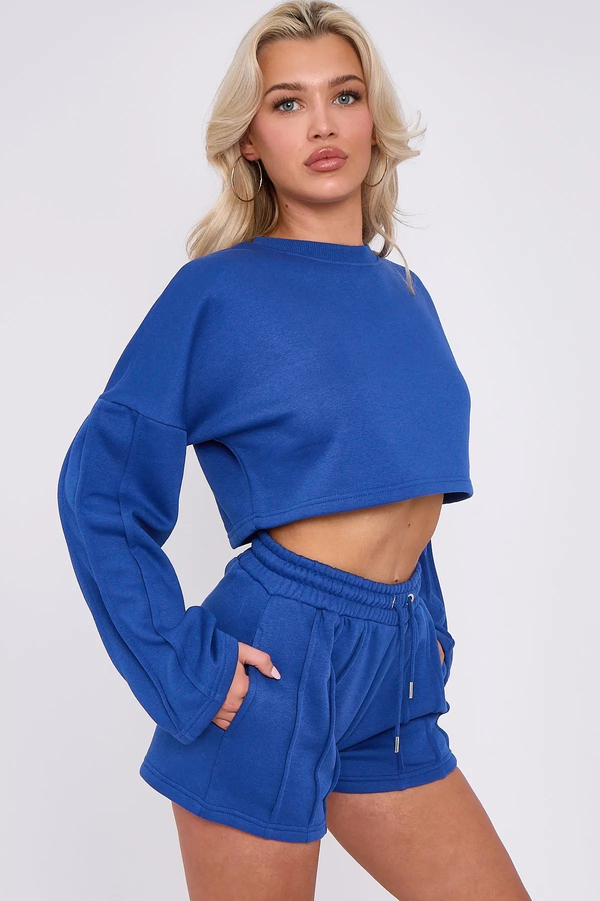 3 Seam Detail Round Neck Crop Top and Short Tracksuit Set CICAY