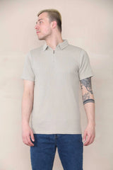 Slim Fit Waffle 1/4 Zip Polo - Beige Cicay