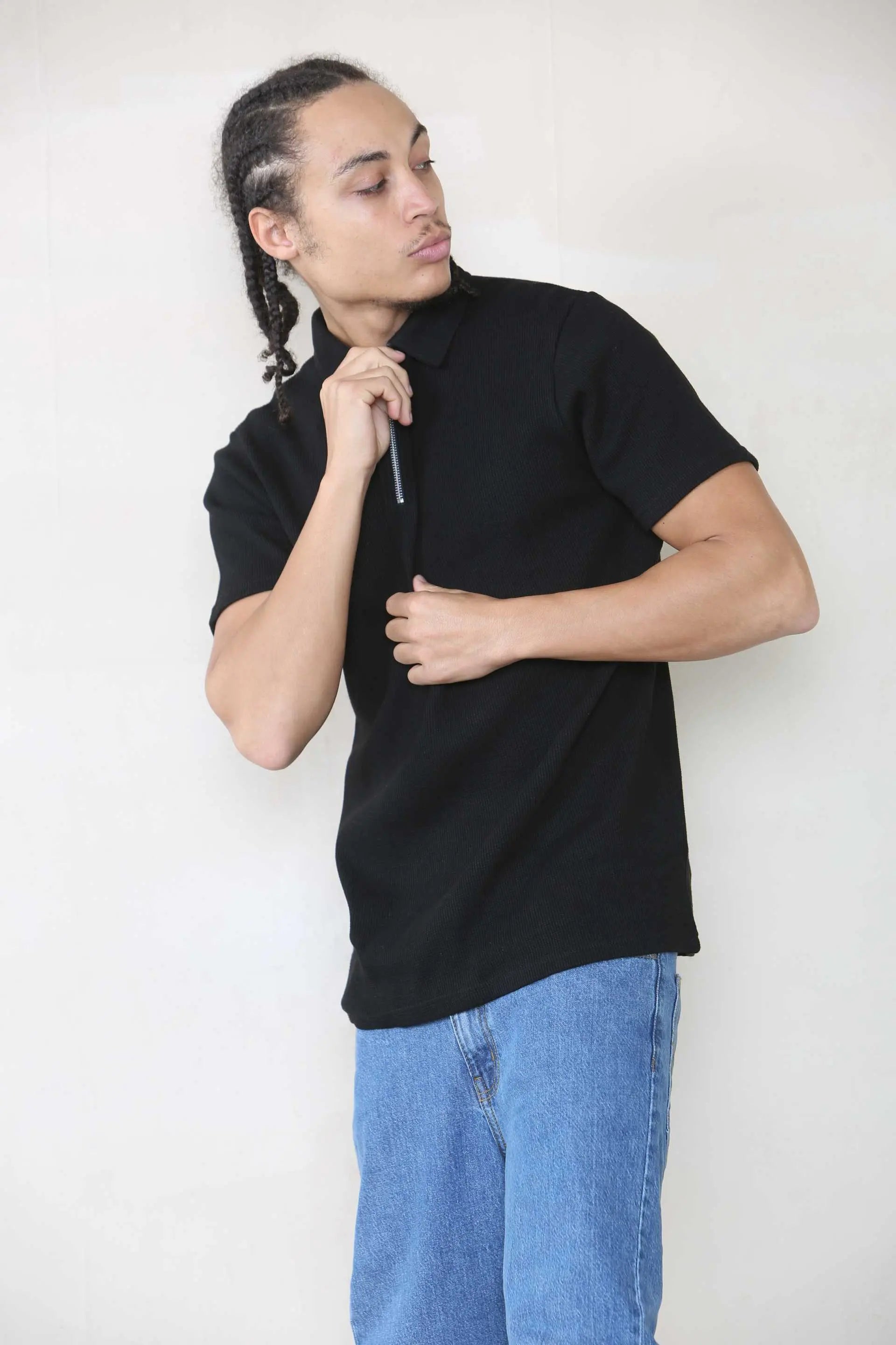 Slim Fit Waffle 1/4 Zip Polo - Black Cicay