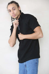 Slim Fit Waffle 1/4 Zip Polo - Black Cicay