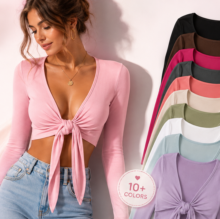 Woman wearing a pink tie-front crop top with a side view of multiple color options displayed.
