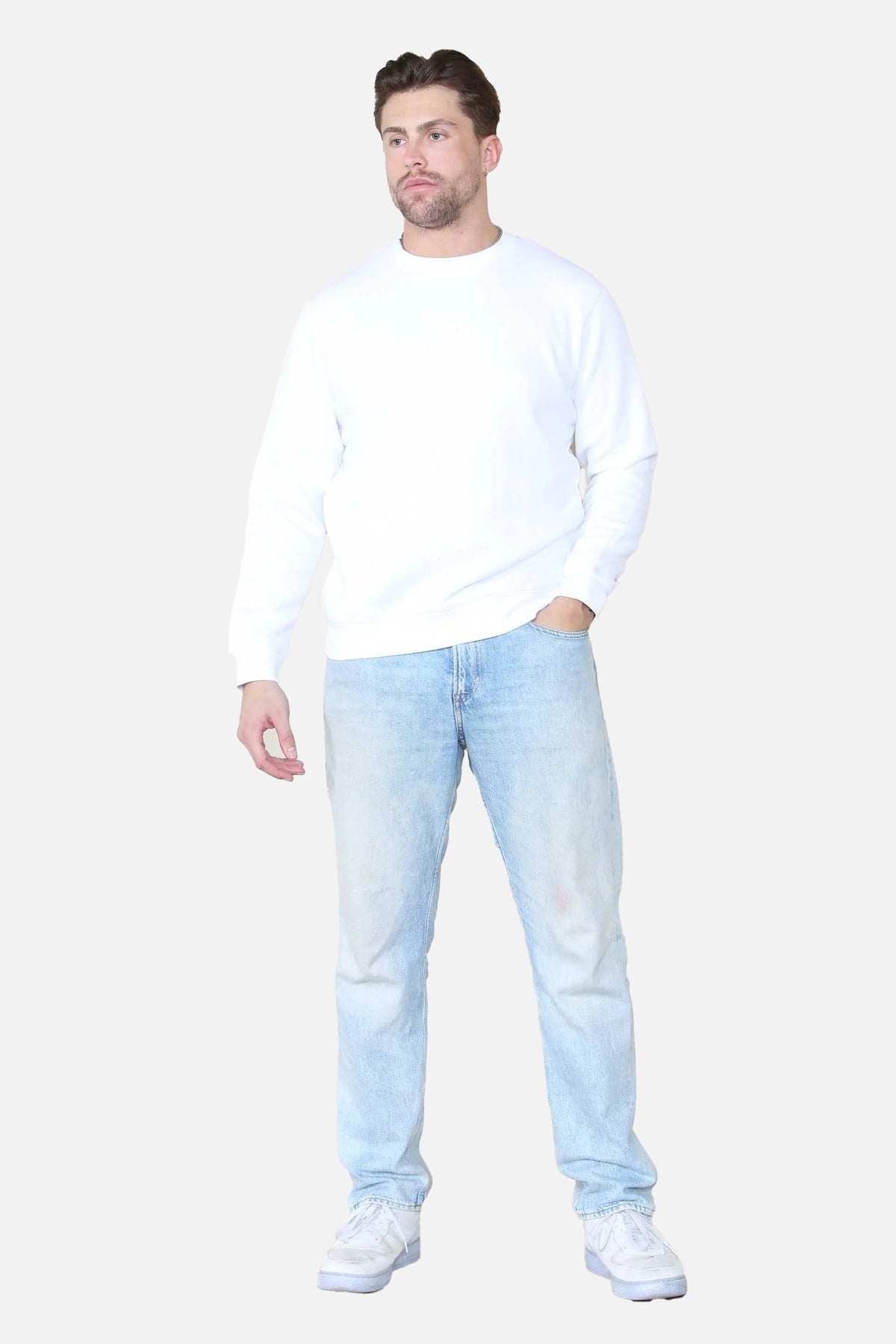 Basic Crew Neck Sweatshirt- White  For Men