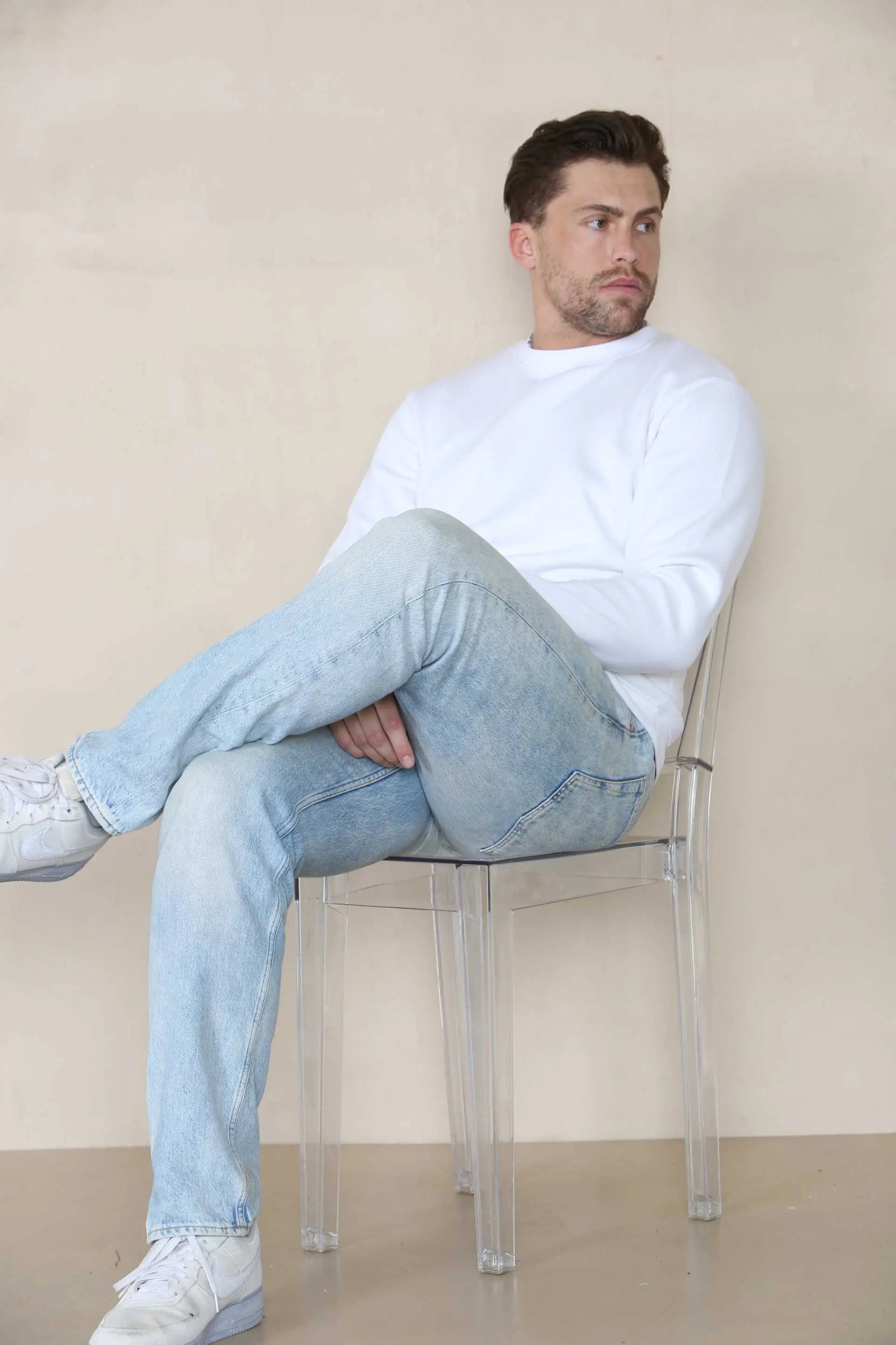 Basic Crew Neck Sweatshirt- White  For Men Cicay