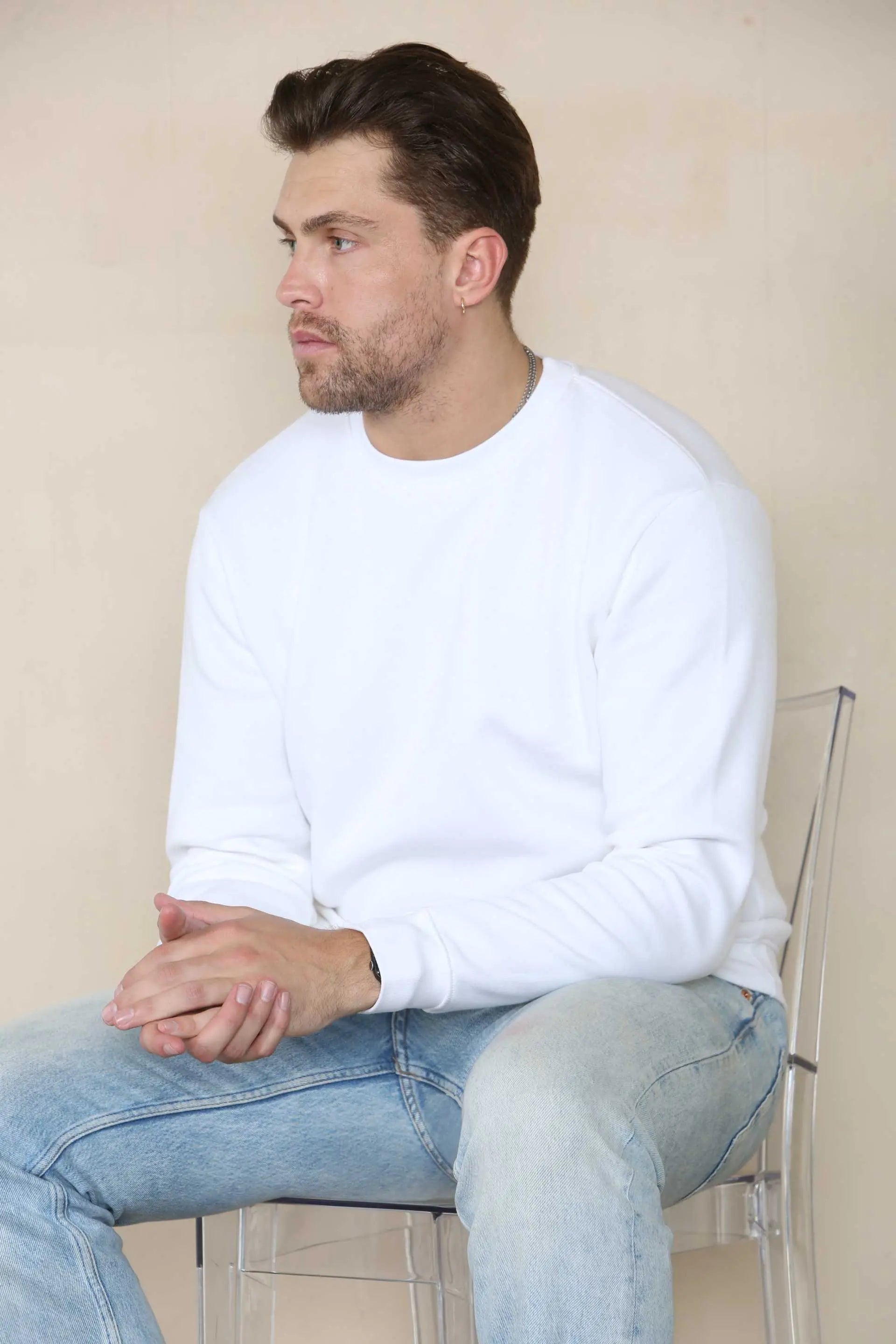 Basic Crew Neck Sweatshirt- White  For Men Cicay