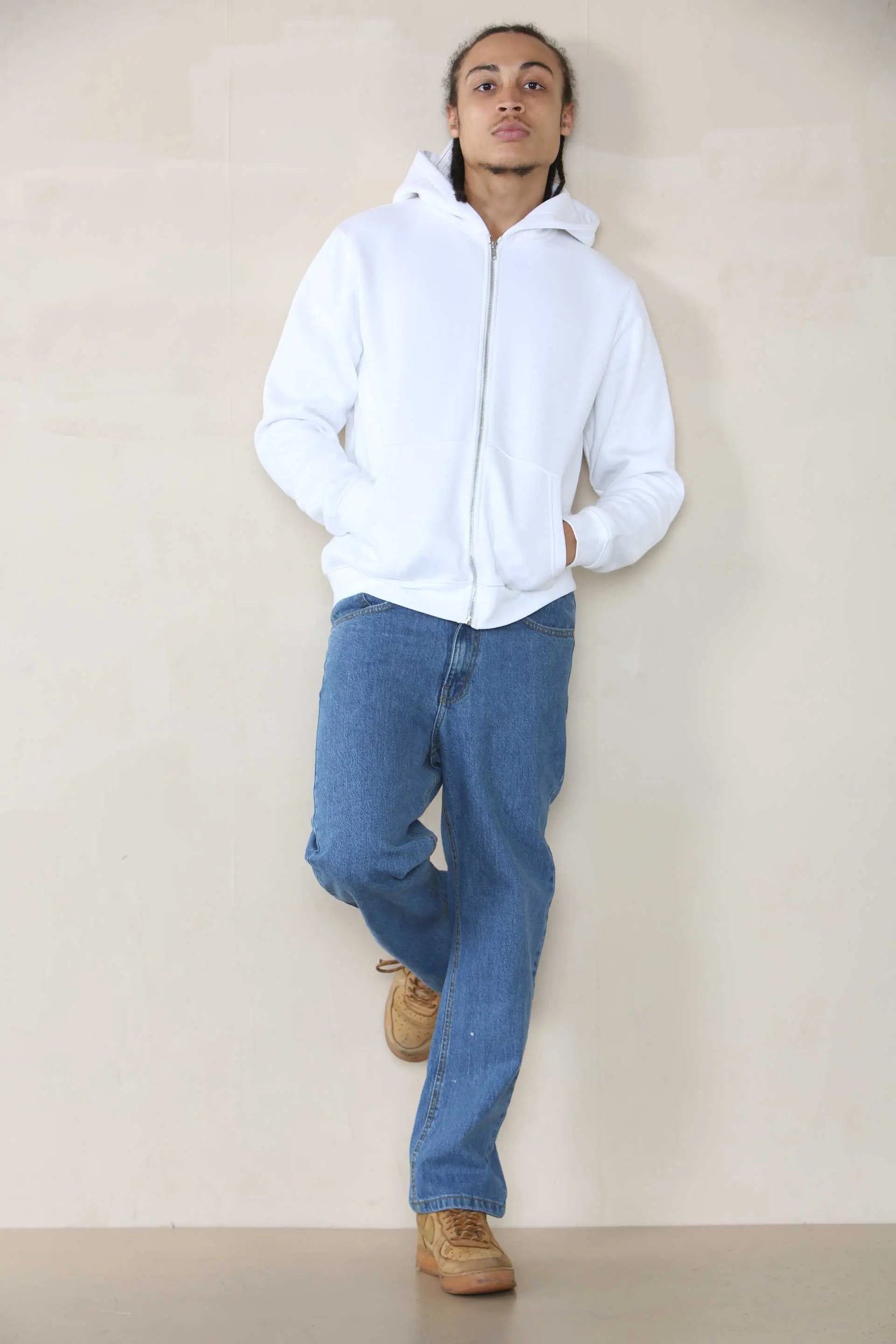 Basic Zip Through Hoodie - White For Men Cicay