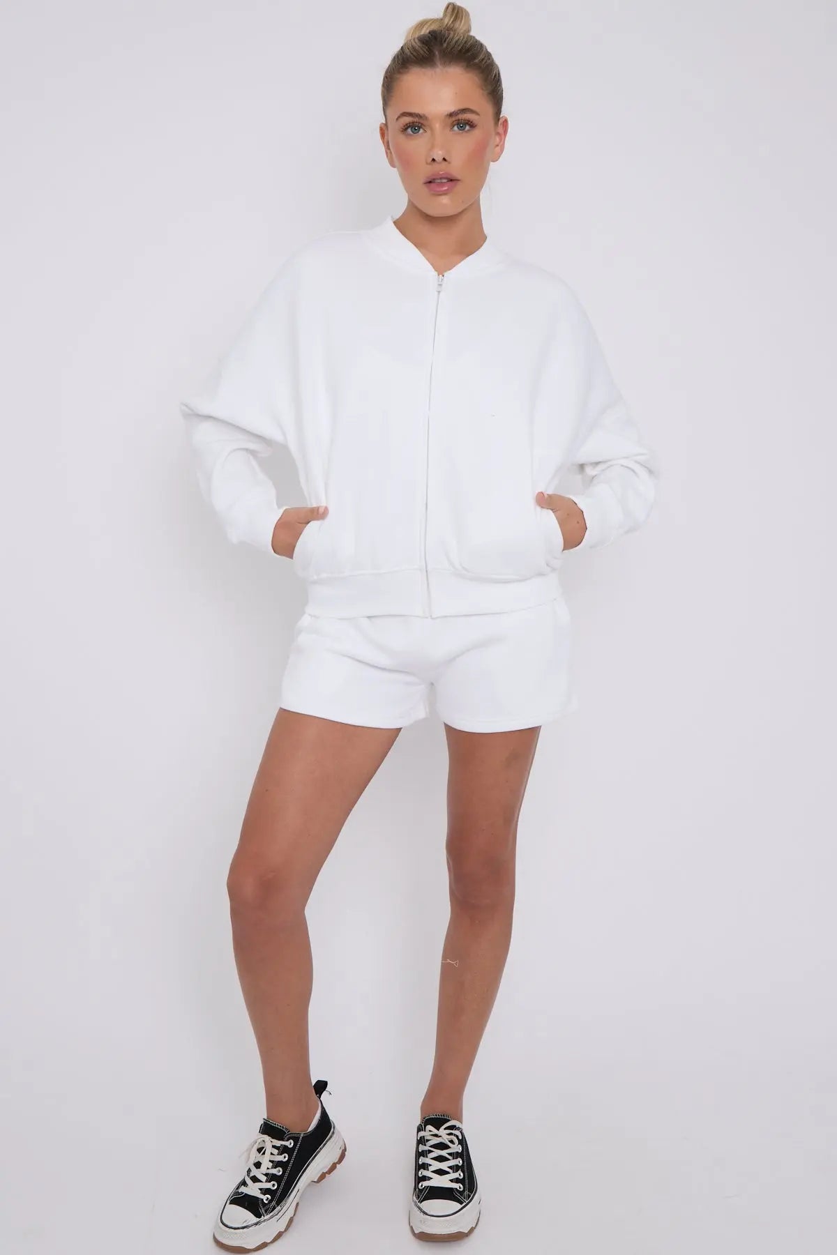 Bomber Neck Zip Through Top and  Shorts Loungewear Set CICAY