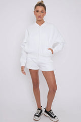 Bomber Neck Zip Through Top and  Shorts Loungewear Set CICAY