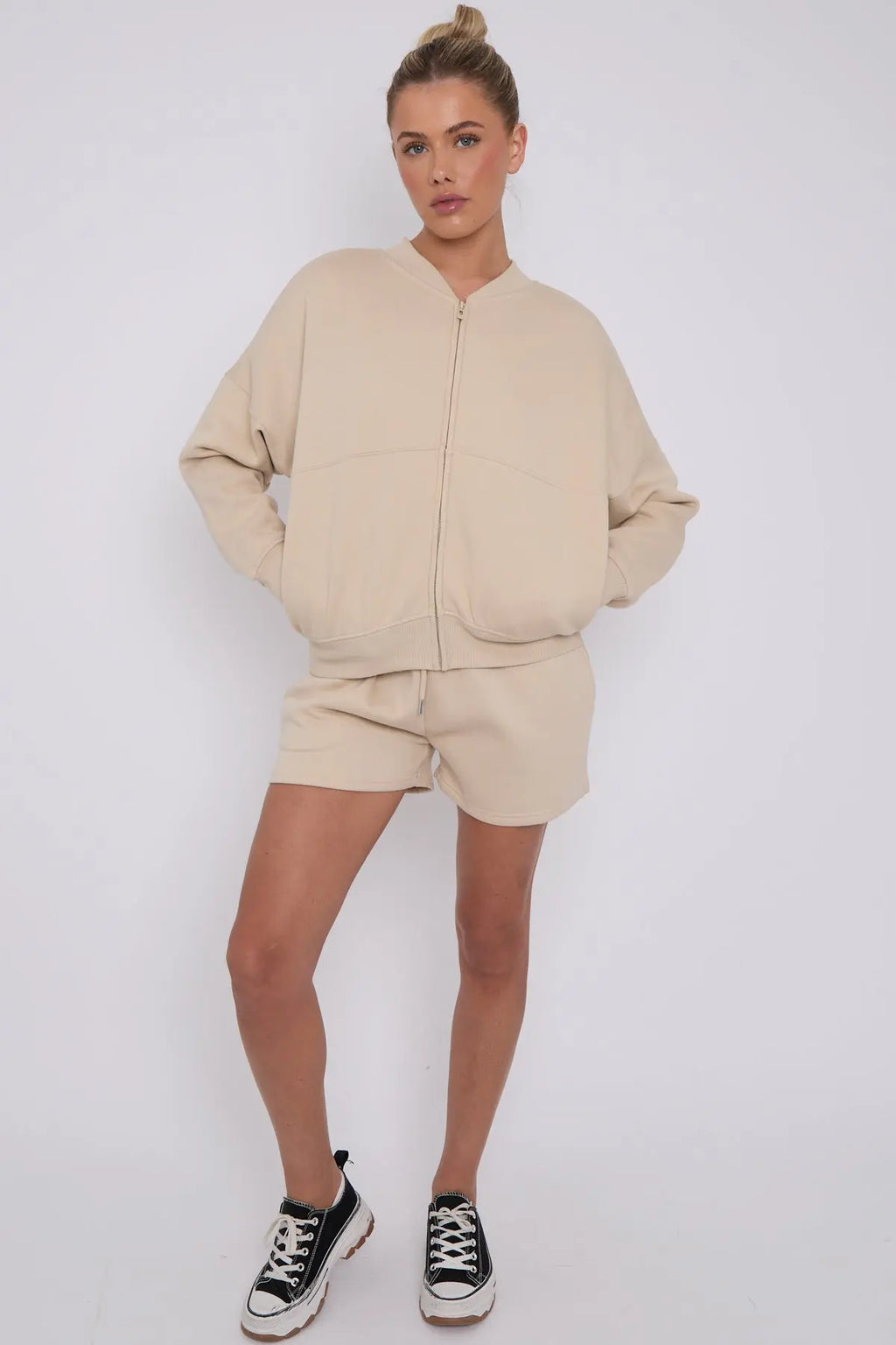 Bomber Neck Zip Through Top and  Shorts Loungewear Set CICAY