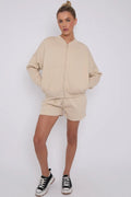 Bomber Neck Zip Through Top and  Shorts Loungewear Set CICAY