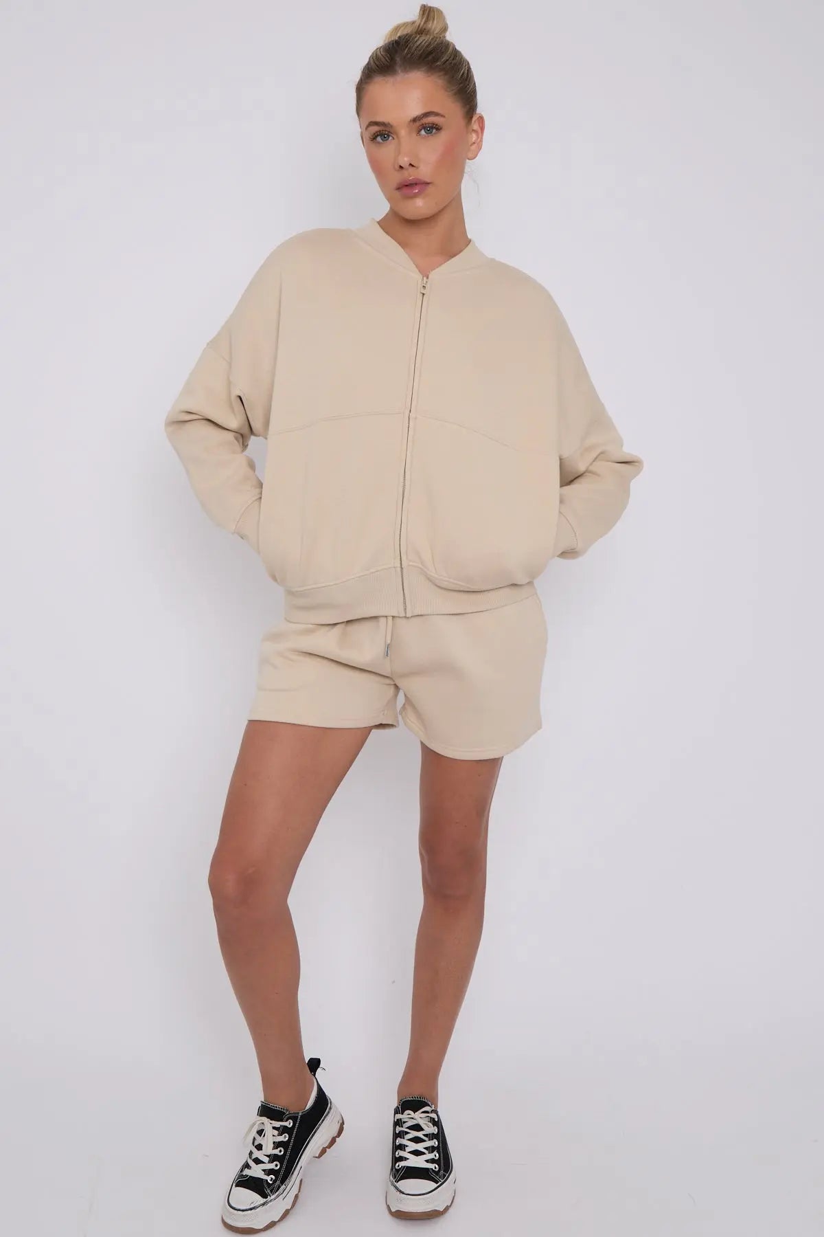 Bomber Neck Zip Through Top and  Shorts Loungewear Set CICAY