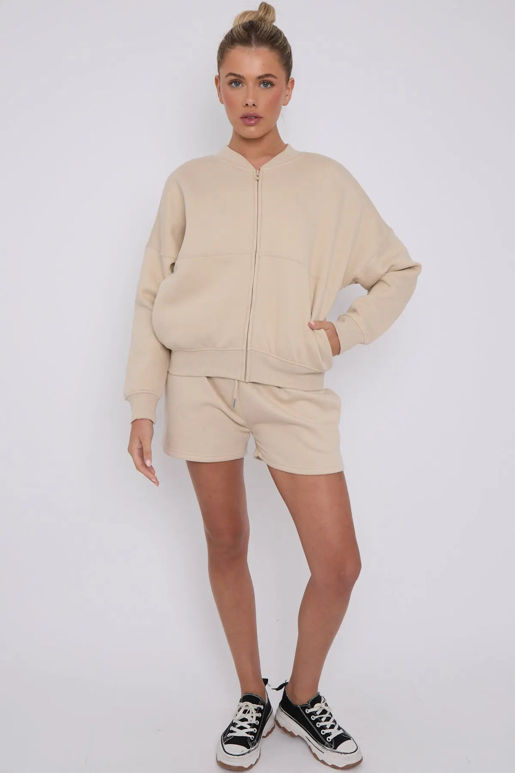 Bomber Neck Zip Through Top and  Shorts Loungewear Set CICAY