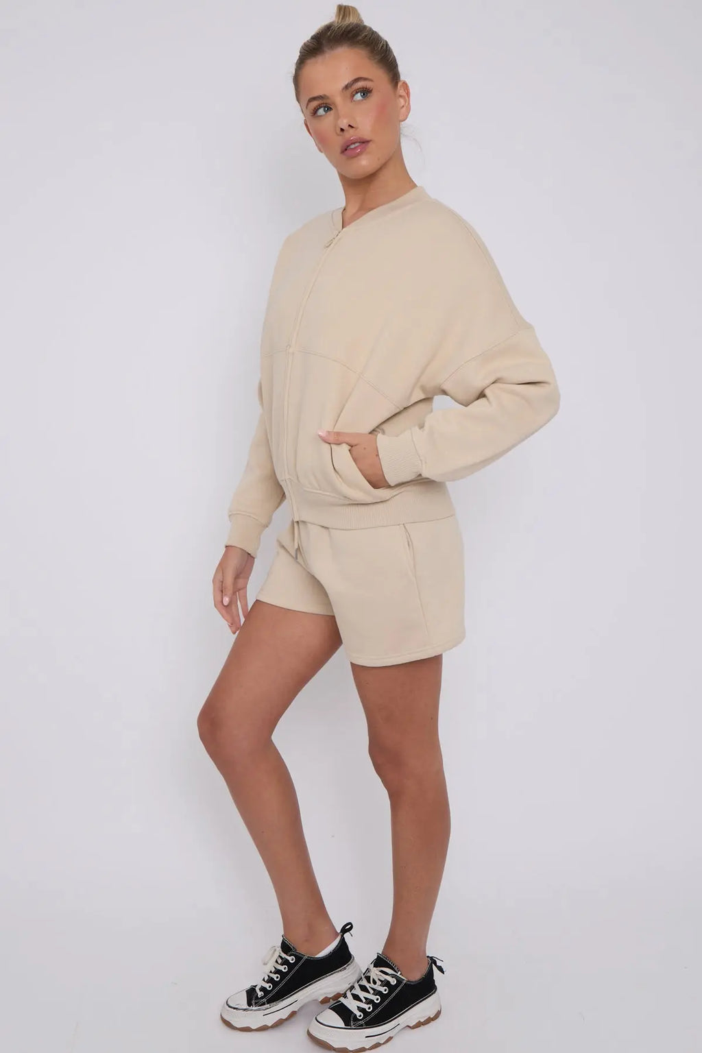 Bomber Neck Zip Through Top and  Shorts Loungewear Set CICAY