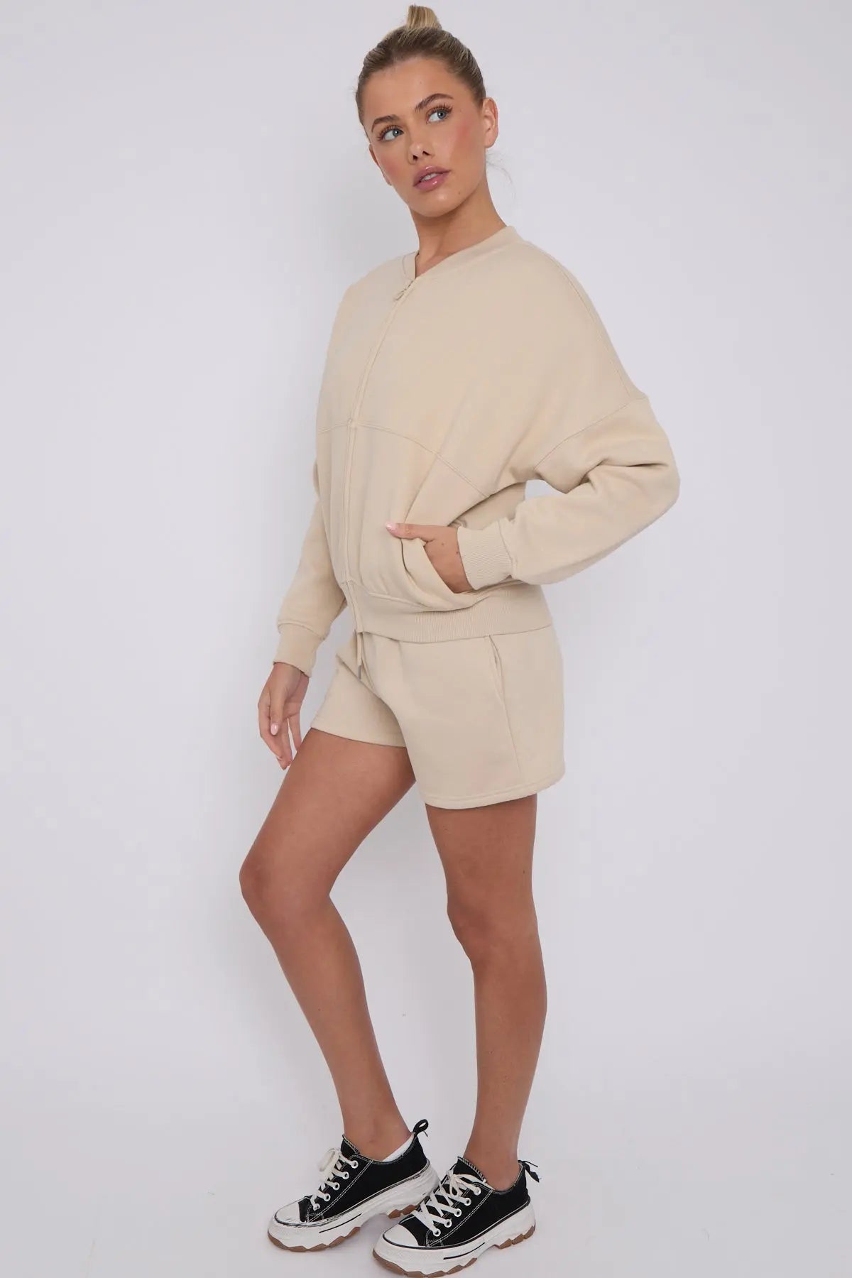 Bomber Neck Zip Through Top and  Shorts Loungewear Set CICAY