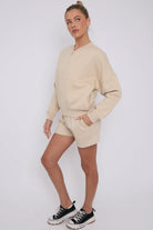 Bomber Neck Zip Through Top and  Shorts Loungewear Set CICAY