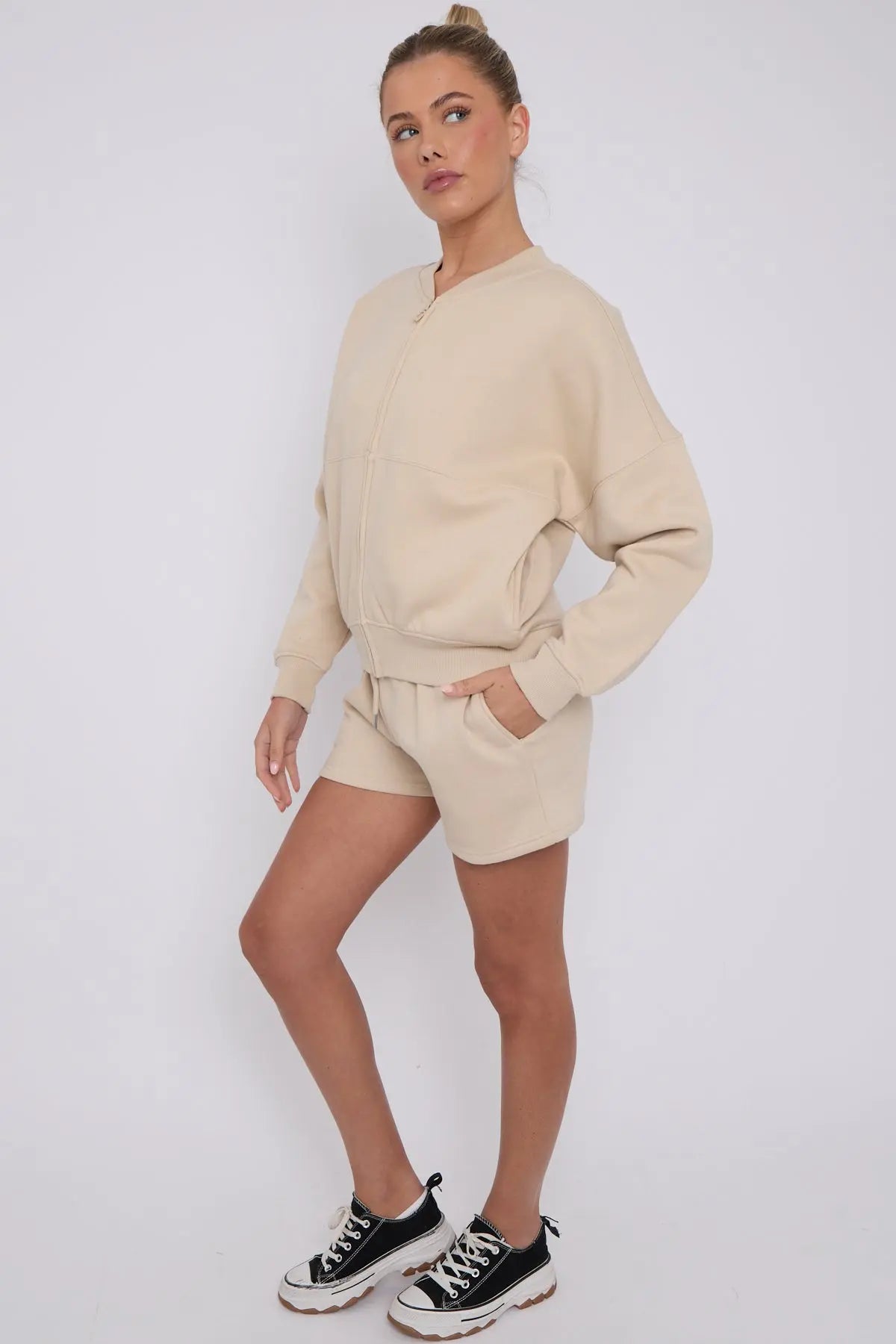 Bomber Neck Zip Through Top and  Shorts Loungewear Set CICAY