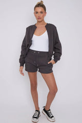 Bomber Neck Zip Through Top and  Shorts Loungewear Set CICAY