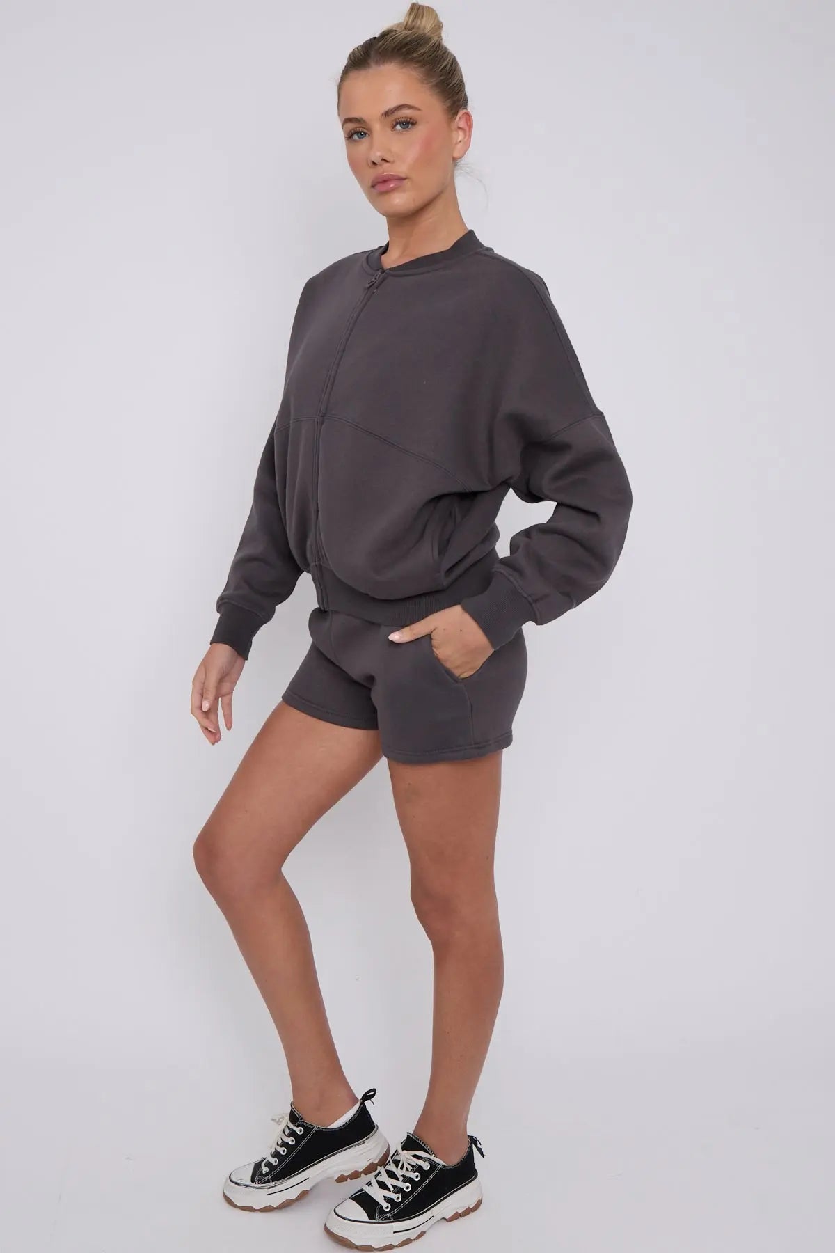 Bomber Neck Zip Through Top and  Shorts Loungewear Set CICAY