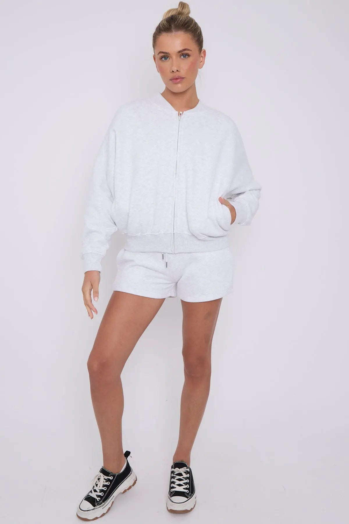 Bomber Neck Zip Through Top and  Shorts Loungewear Set Cicay