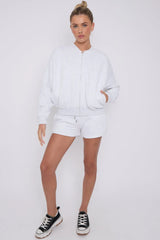 Bomber Neck Zip Through Top and  Shorts Loungewear Set Cicay