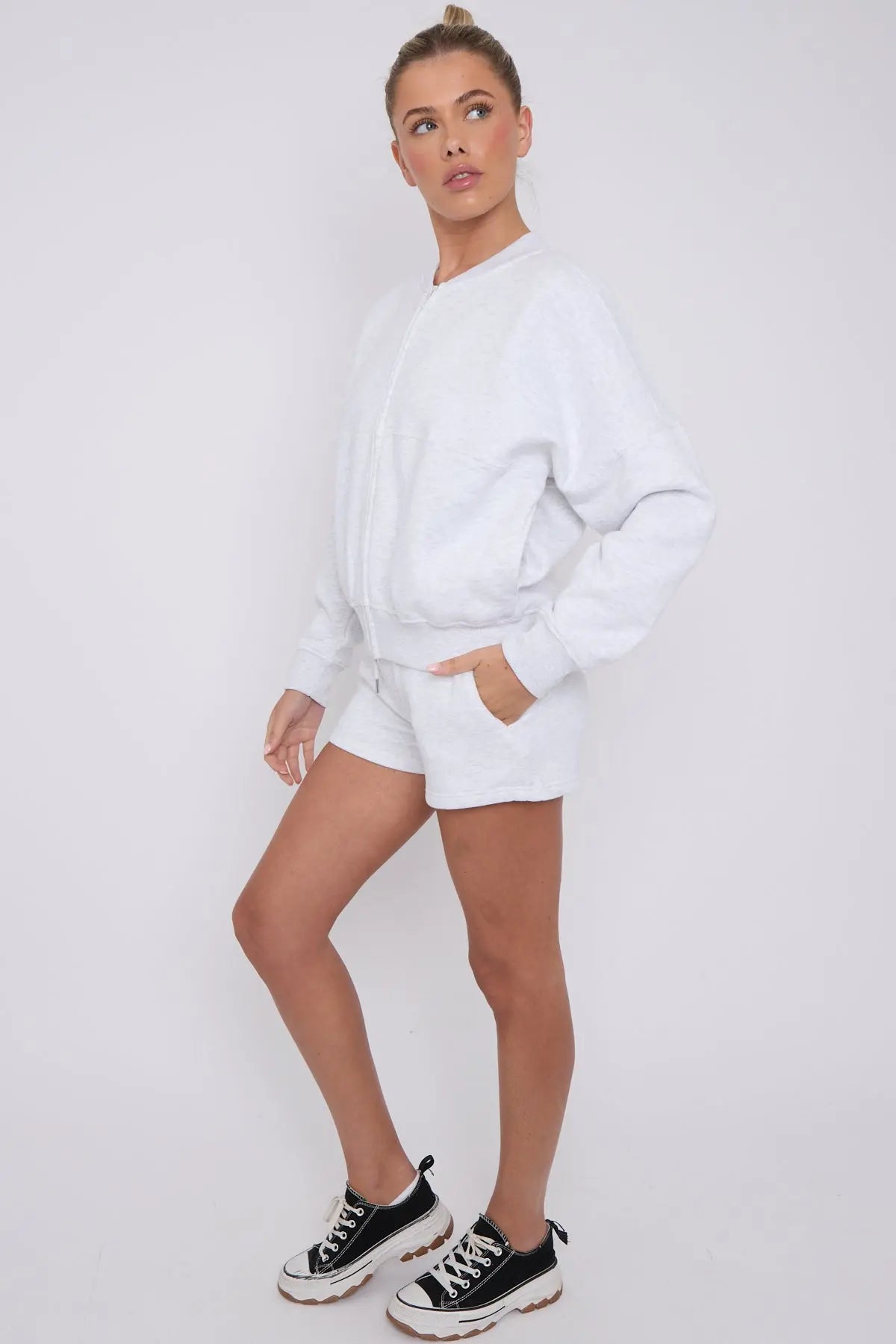 Bomber Neck Zip Through Top and  Shorts Loungewear Set Cicay