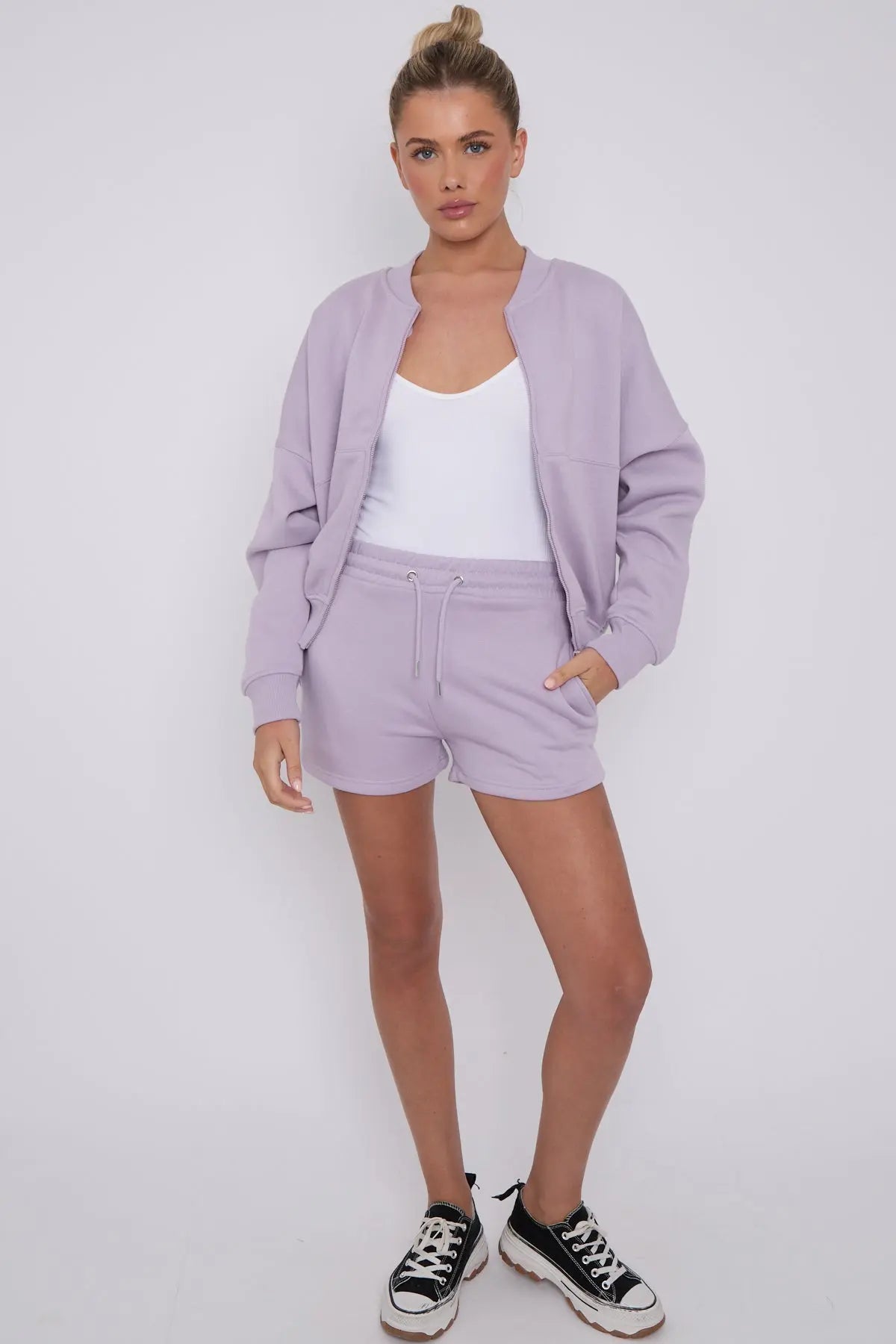 Bomber Neck Zip Through Top and  Shorts Loungewear Set Cicay