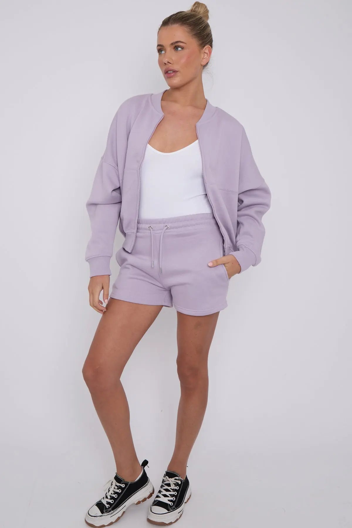 Bomber Neck Zip Through Top and  Shorts Loungewear Set Cicay