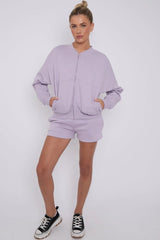 Bomber Neck Zip Through Top and  Shorts Loungewear Set Cicay