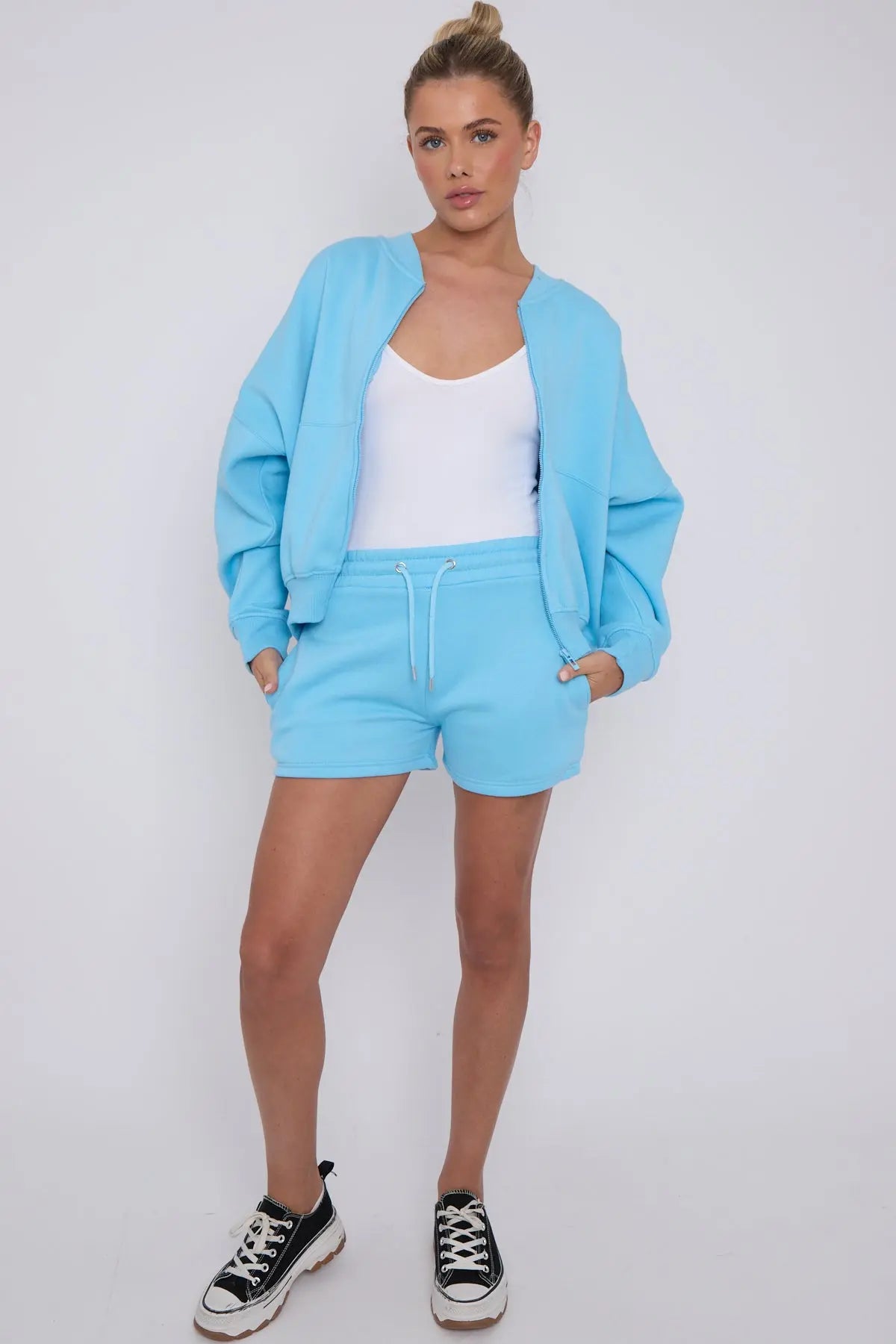 Bomber Neck Zip Through Top and  Shorts Loungewear Set Cicay