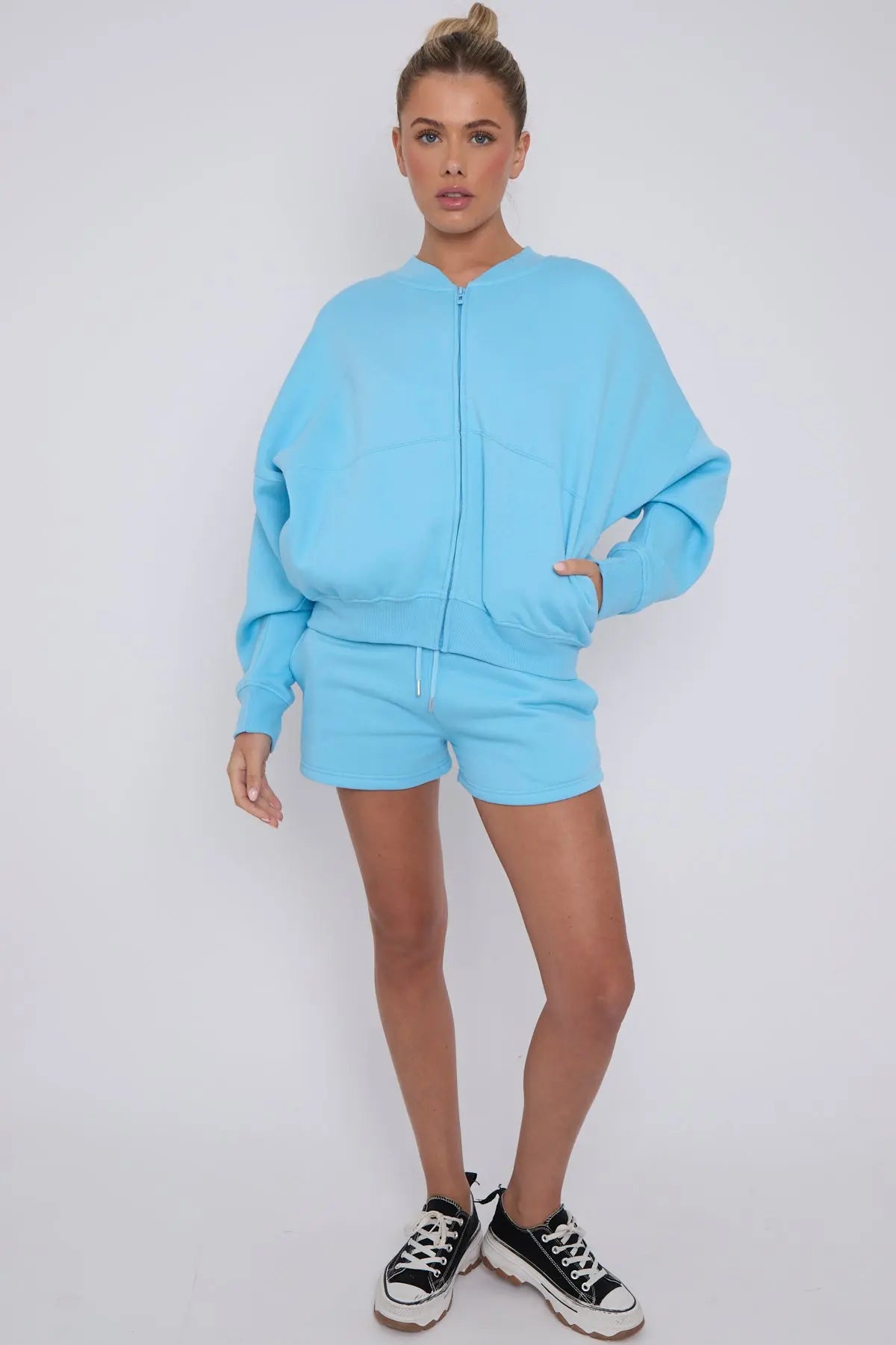 Bomber Neck Zip Through Top and  Shorts Loungewear Set Cicay