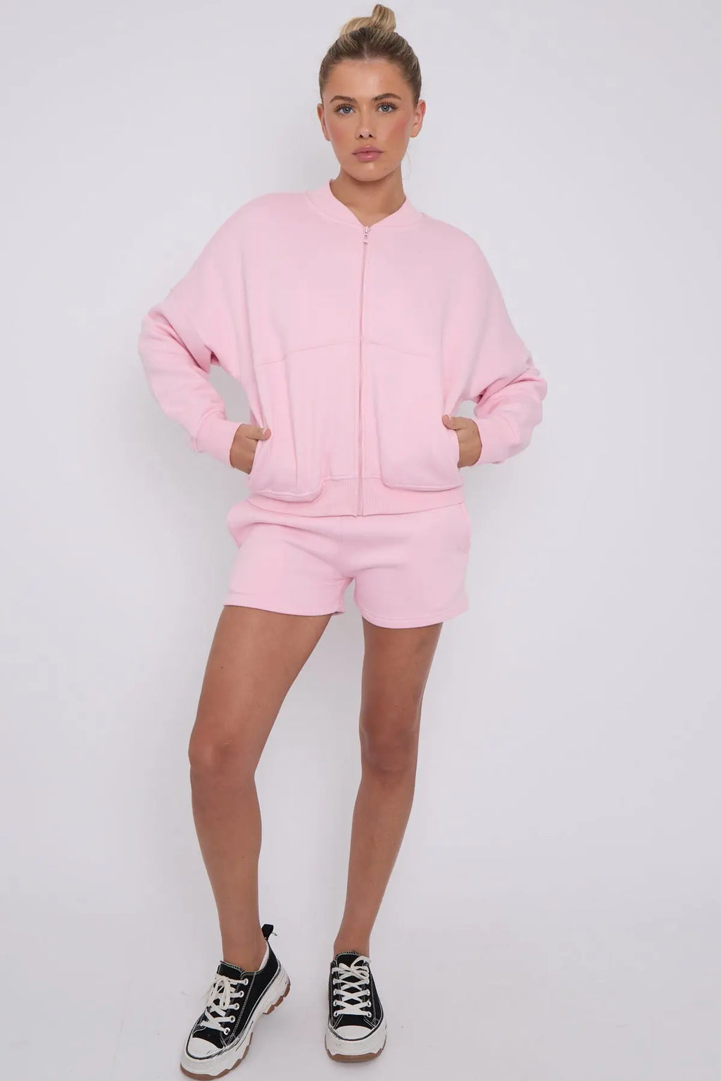 Bomber Neck Zip Through Top and  Shorts Loungewear Set Cicay