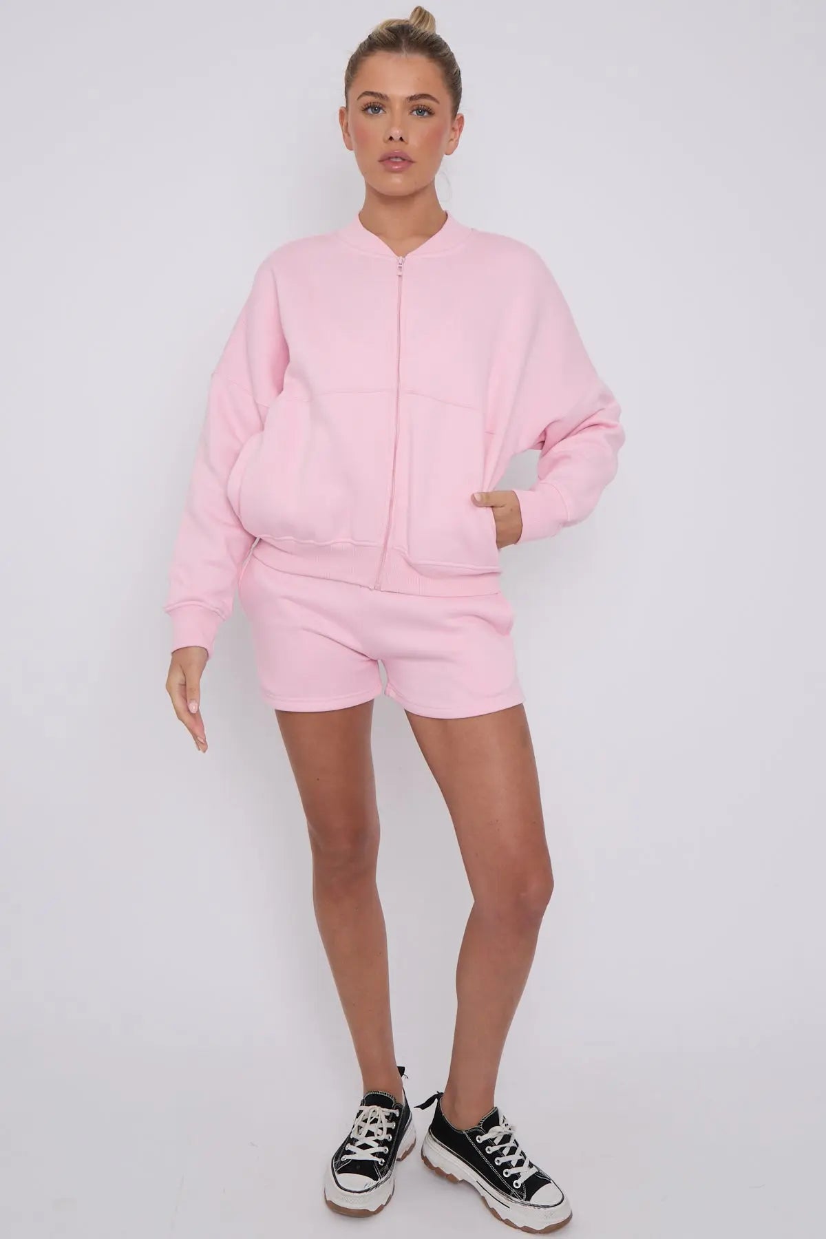 Bomber Neck Zip Through Top and  Shorts Loungewear Set Cicay
