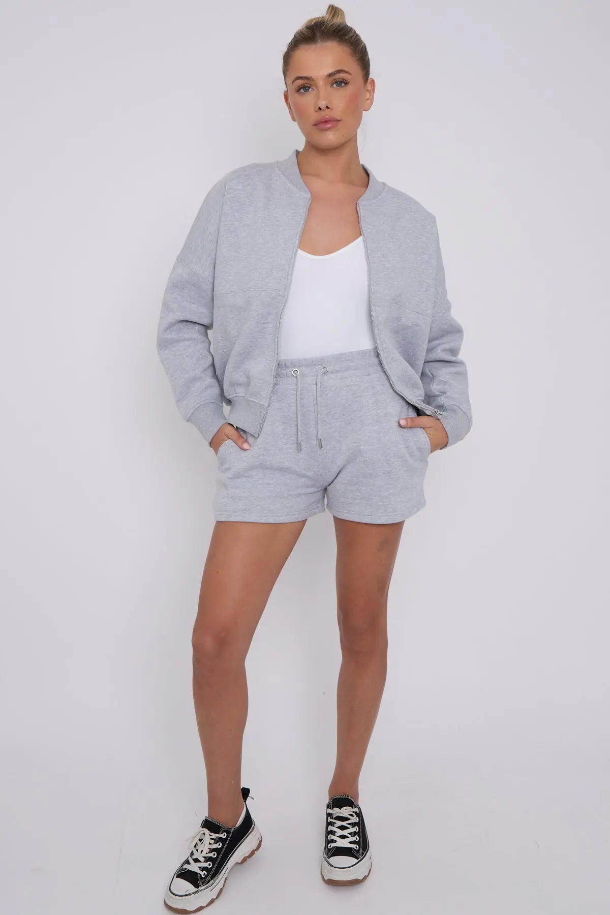 Bomber Neck Zip Through Top and  Shorts Loungewear Set Grey Cicay