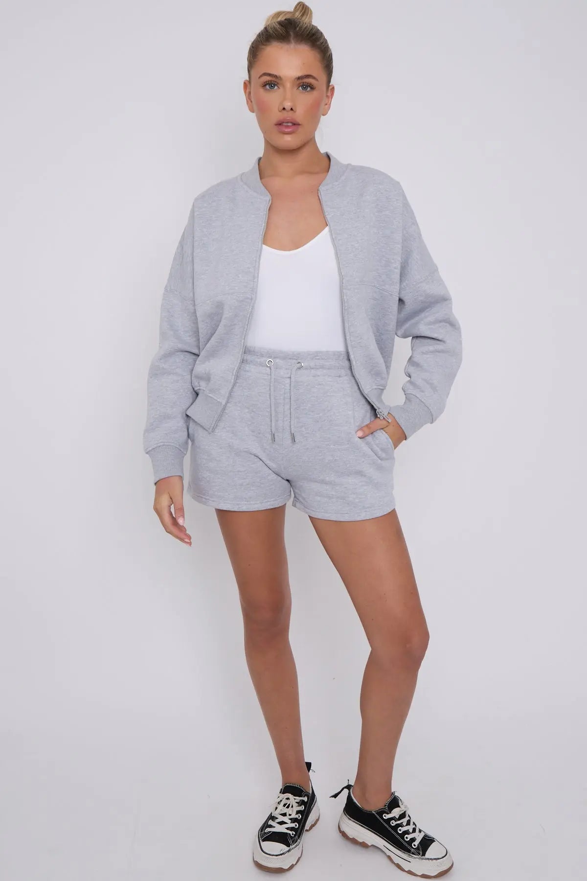 Bomber Neck Zip Through Top and  Shorts Loungewear Set Grey Cicay