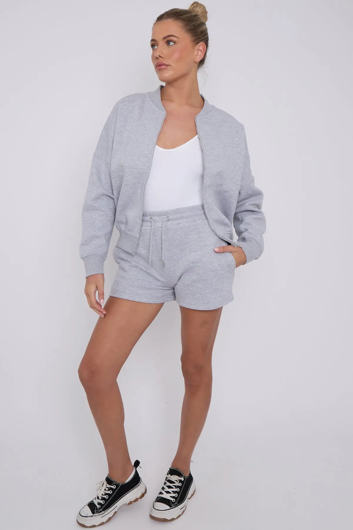 Bomber Neck Zip Through Top and  Shorts Loungewear Set Grey Cicay
