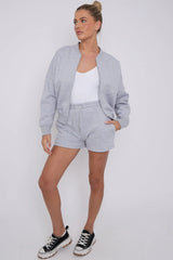 Bomber Neck Zip Through Top and  Shorts Loungewear Set Grey Cicay