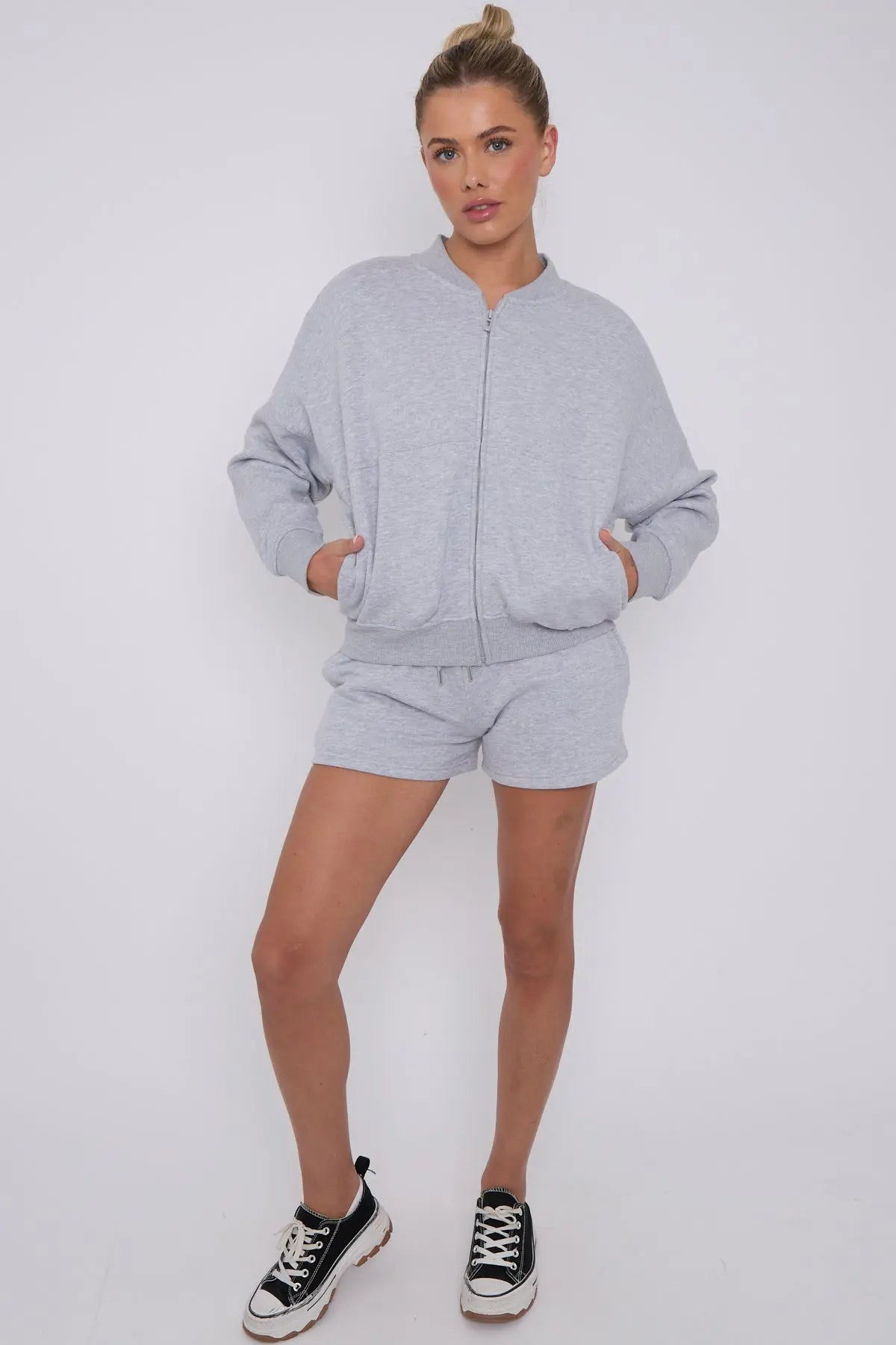 Bomber Neck Zip Through Top and  Shorts Loungewear Set Grey Cicay