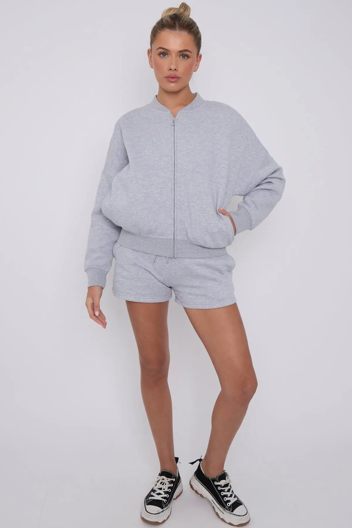 Bomber Neck Zip Through Top and  Shorts Loungewear Set Grey Cicay