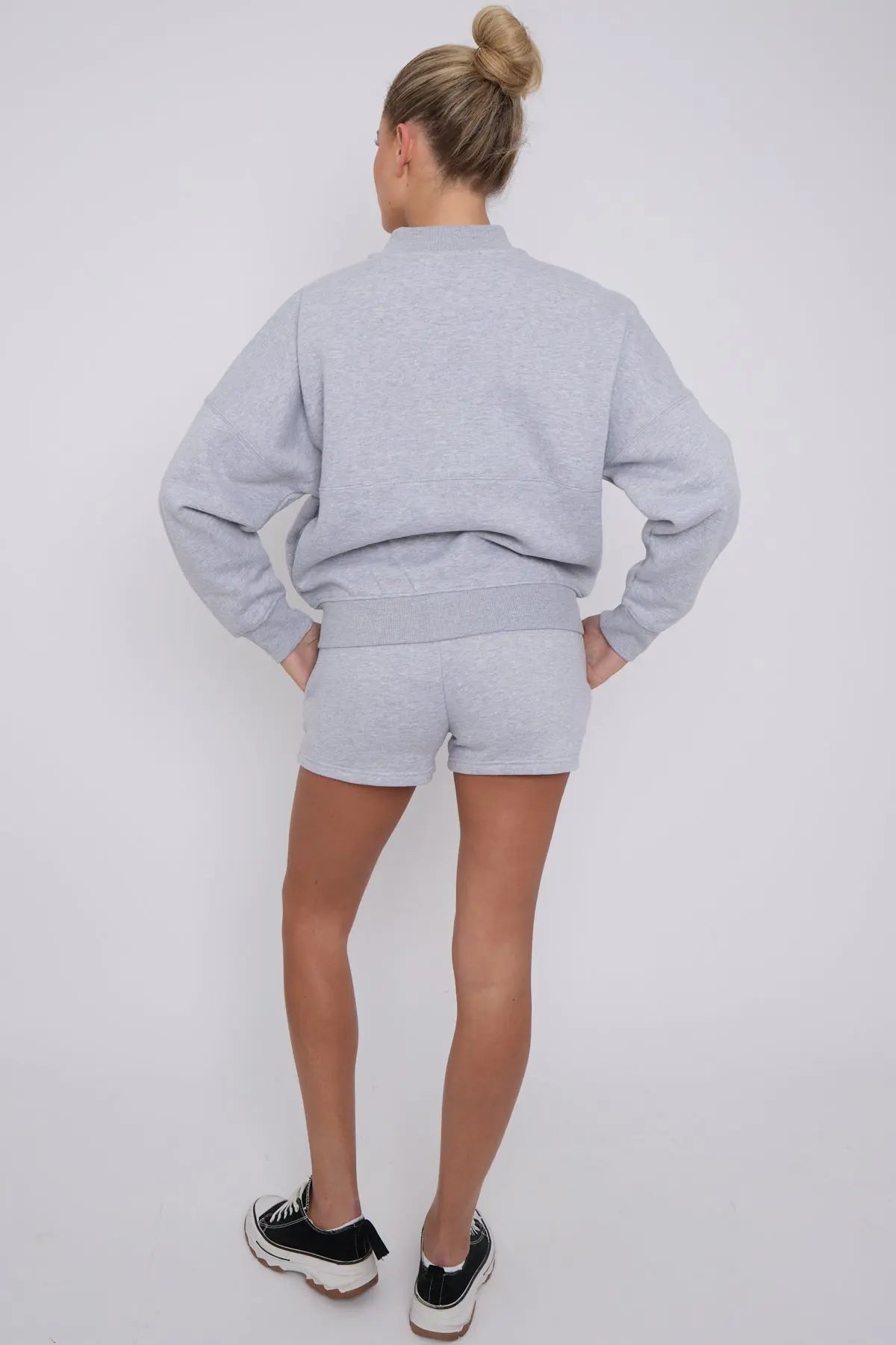 Bomber Neck Zip Through Top and  Shorts Loungewear Set Grey Cicay