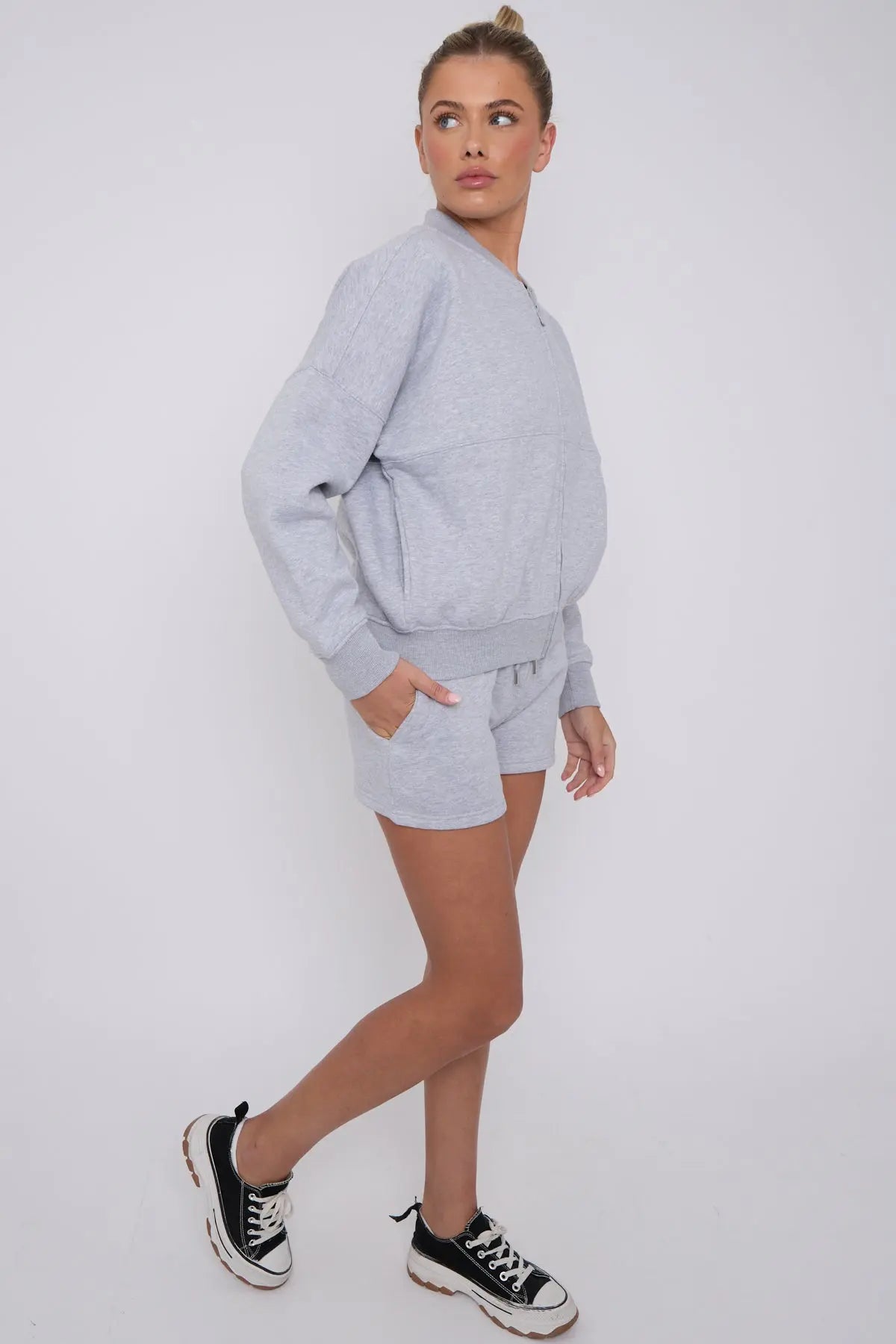 Bomber Neck Zip Through Top and  Shorts Loungewear Set Grey Cicay