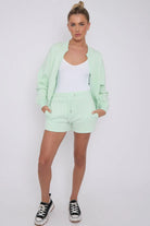 Bomber Neck Zip Through Top and  Shorts Loungewear Set Mint Cicay