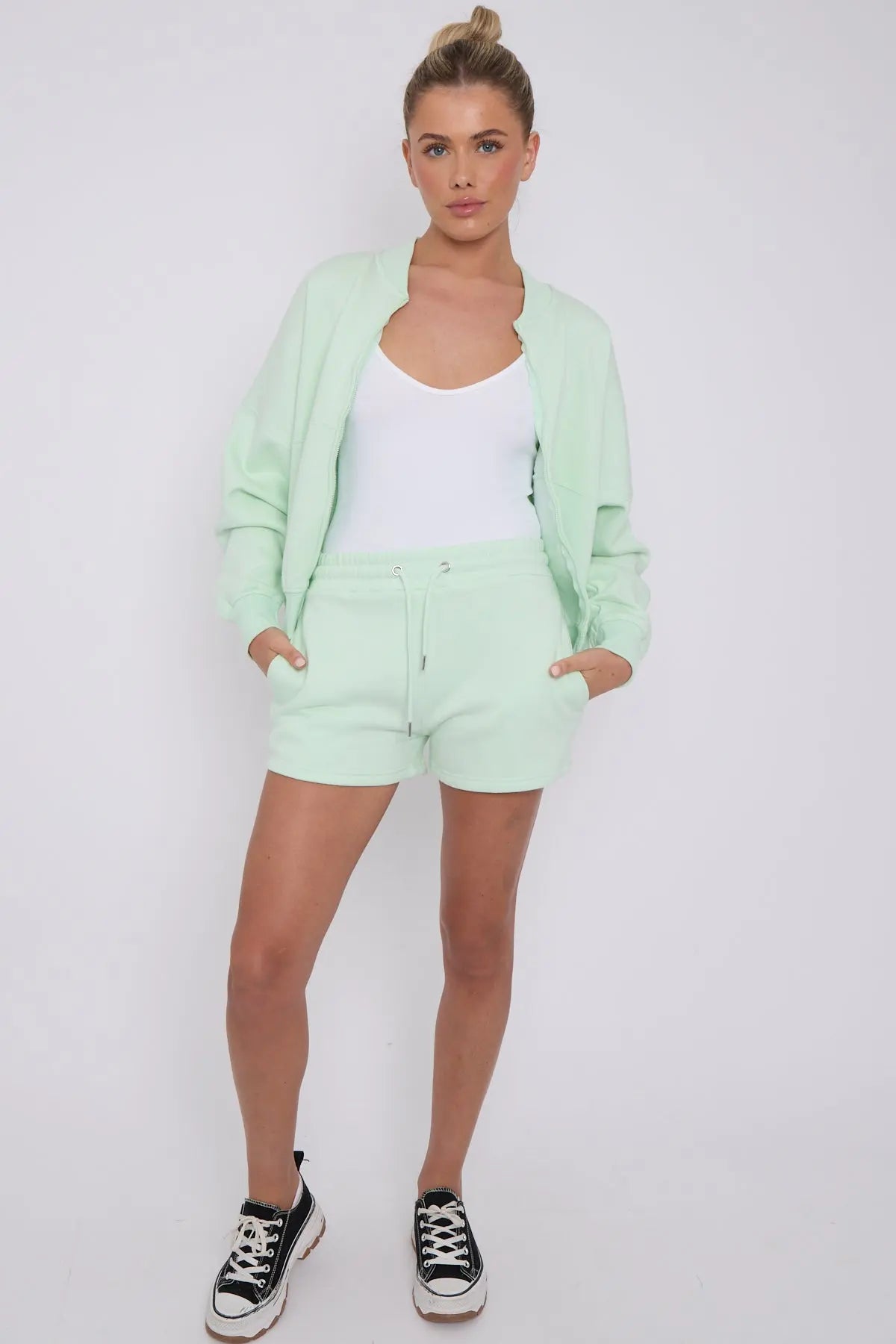 Bomber Neck Zip Through Top and  Shorts Loungewear Set Mint Cicay