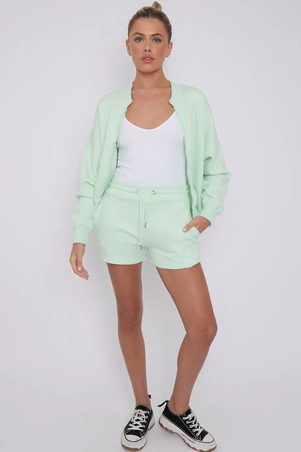 Bomber Neck Zip Through Top and  Shorts Loungewear Set Mint Cicay