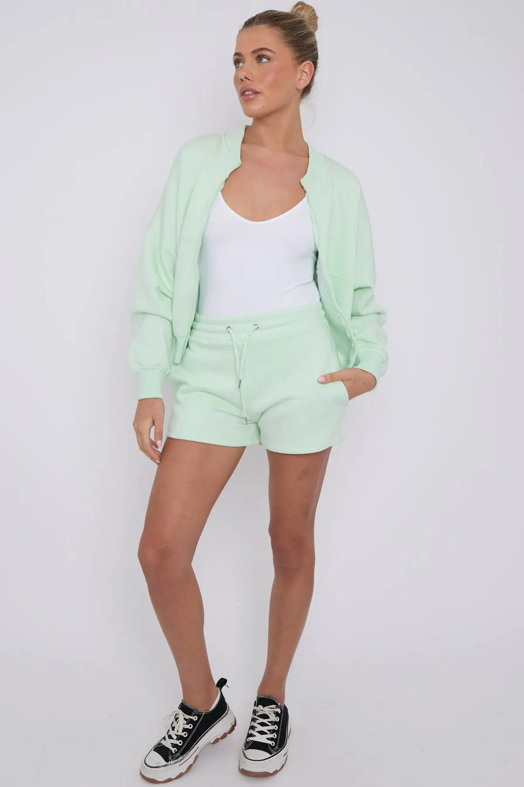 Bomber Neck Zip Through Top and  Shorts Loungewear Set Mint Cicay