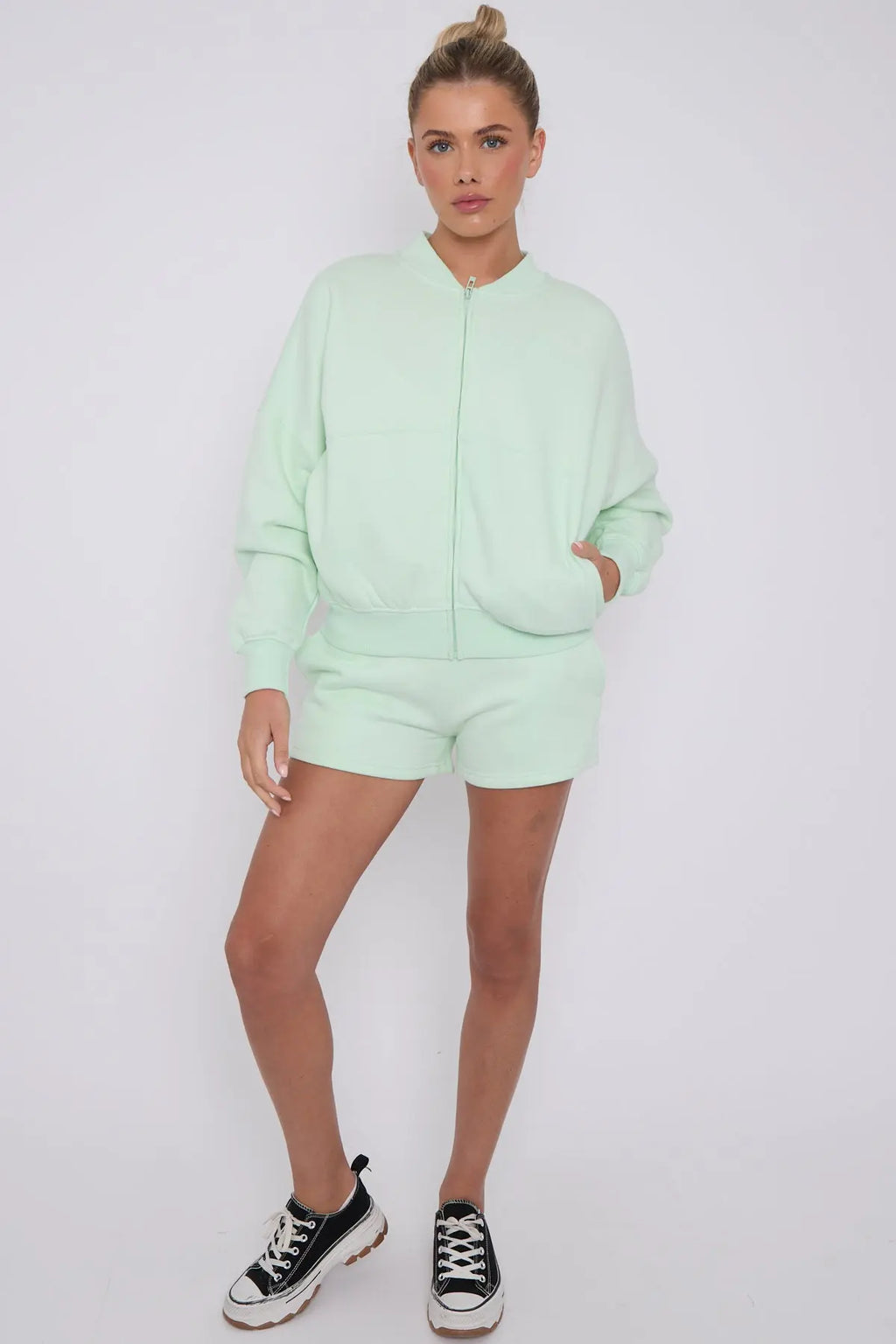 Bomber Neck Zip Through Top and  Shorts Loungewear Set Mint Cicay
