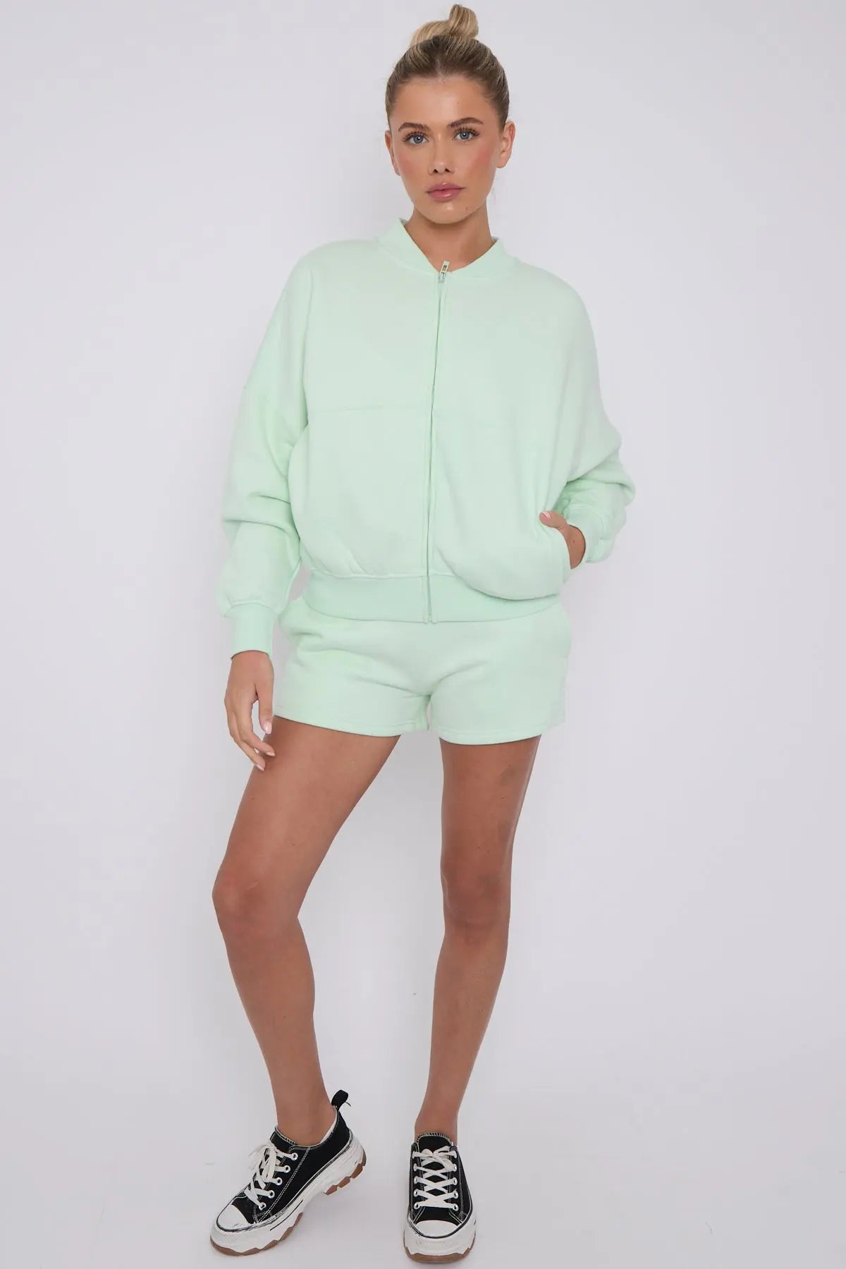 Bomber Neck Zip Through Top and  Shorts Loungewear Set Mint Cicay