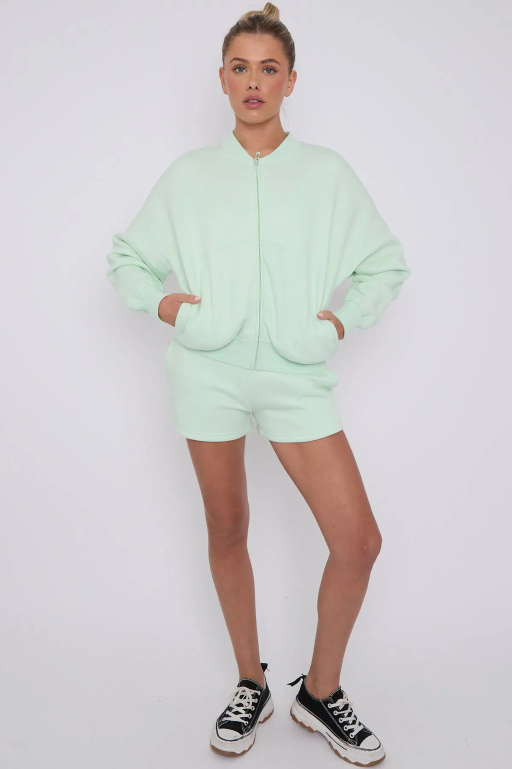 Bomber Neck Zip Through Top and  Shorts Loungewear Set Mint Cicay