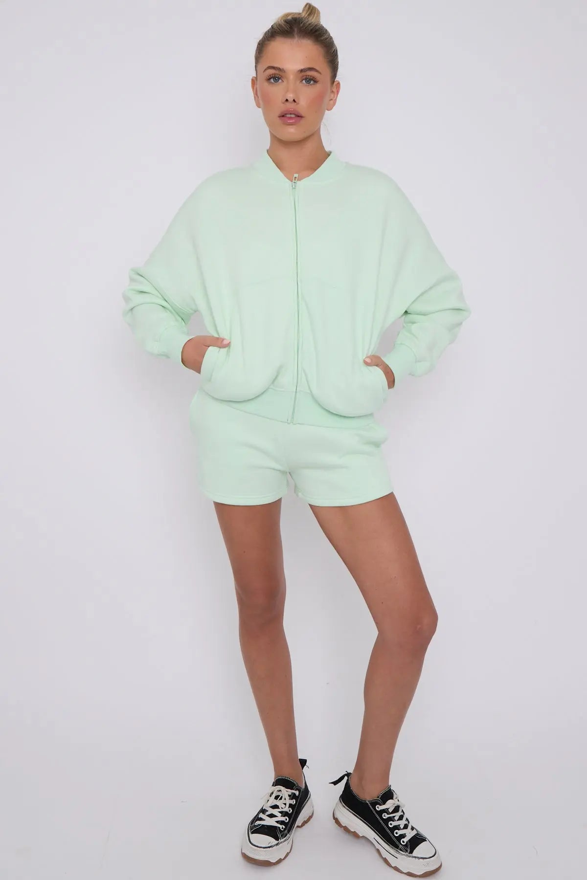 Bomber Neck Zip Through Top and  Shorts Loungewear Set Mint Cicay