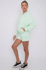 Bomber Neck Zip Through Top and  Shorts Loungewear Set Mint Cicay